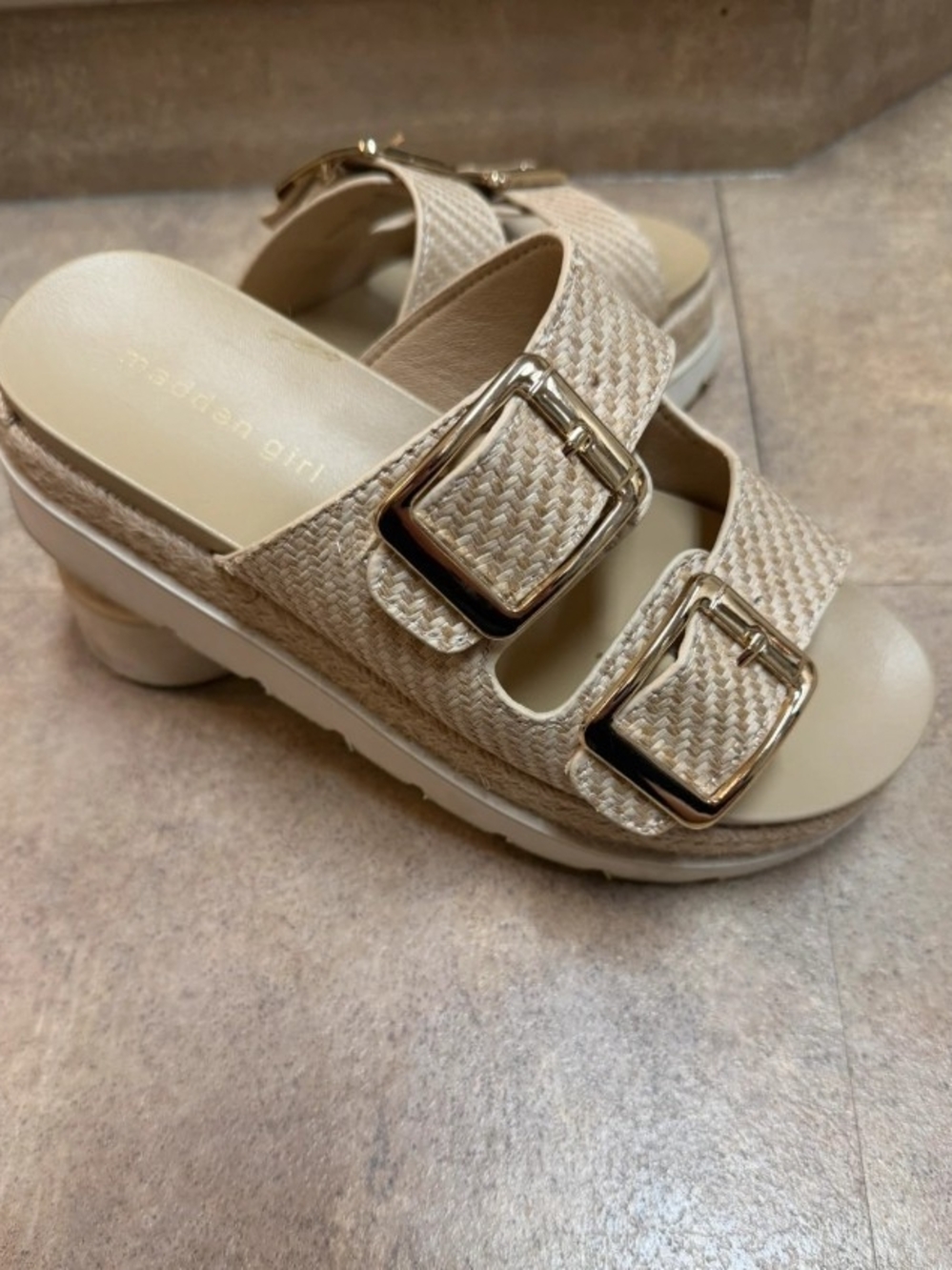 Madden Girl Beige Woven Double-Buckle Platform Slide